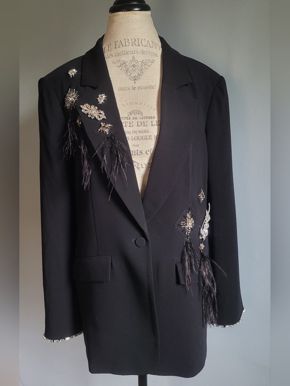 Cinq a Sept Black Feather & Crystal Pins Blazer Jacket